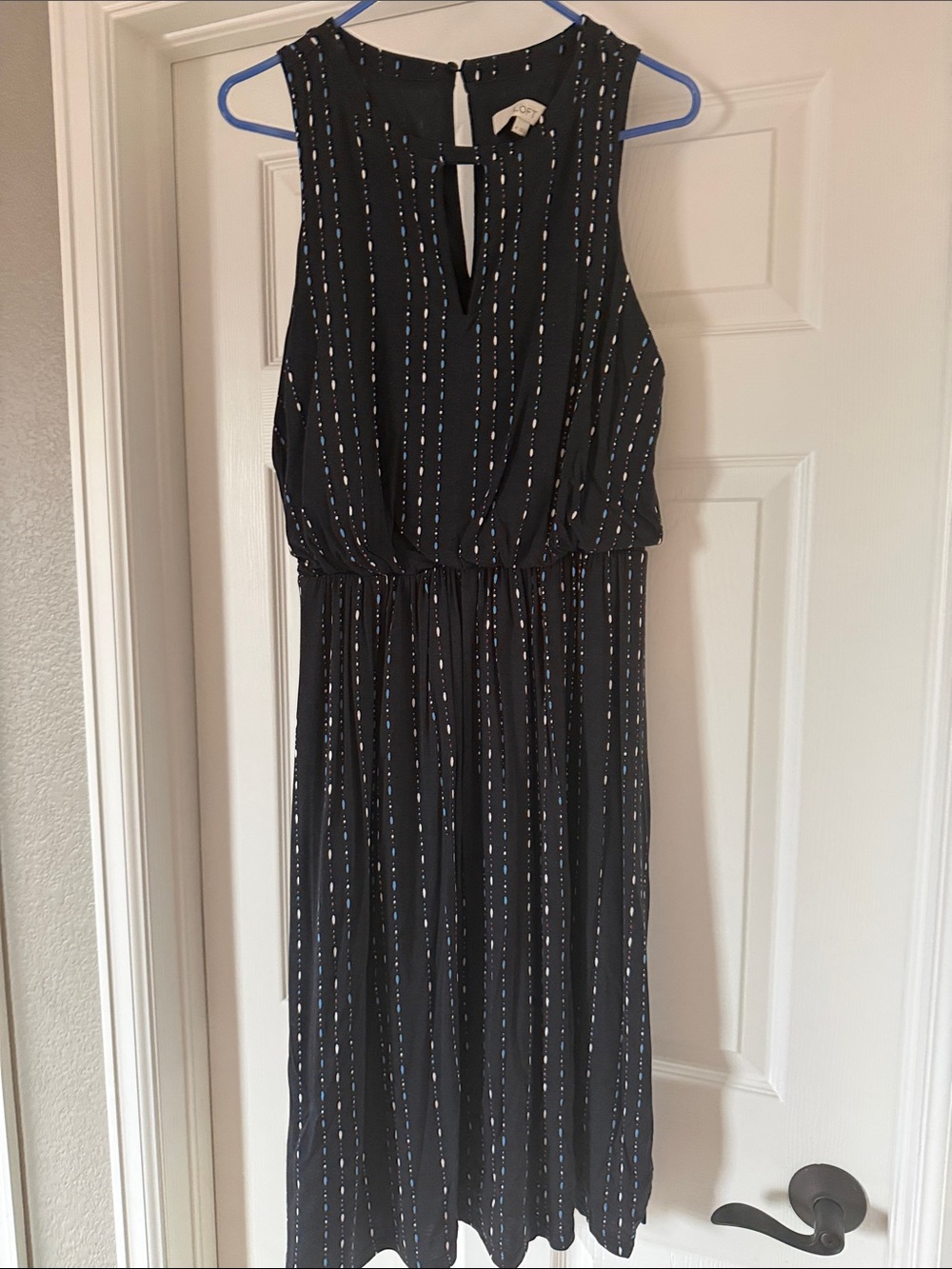 LOFT Black Sleeveless Midi Dress with Subtle White and Blue Stripes